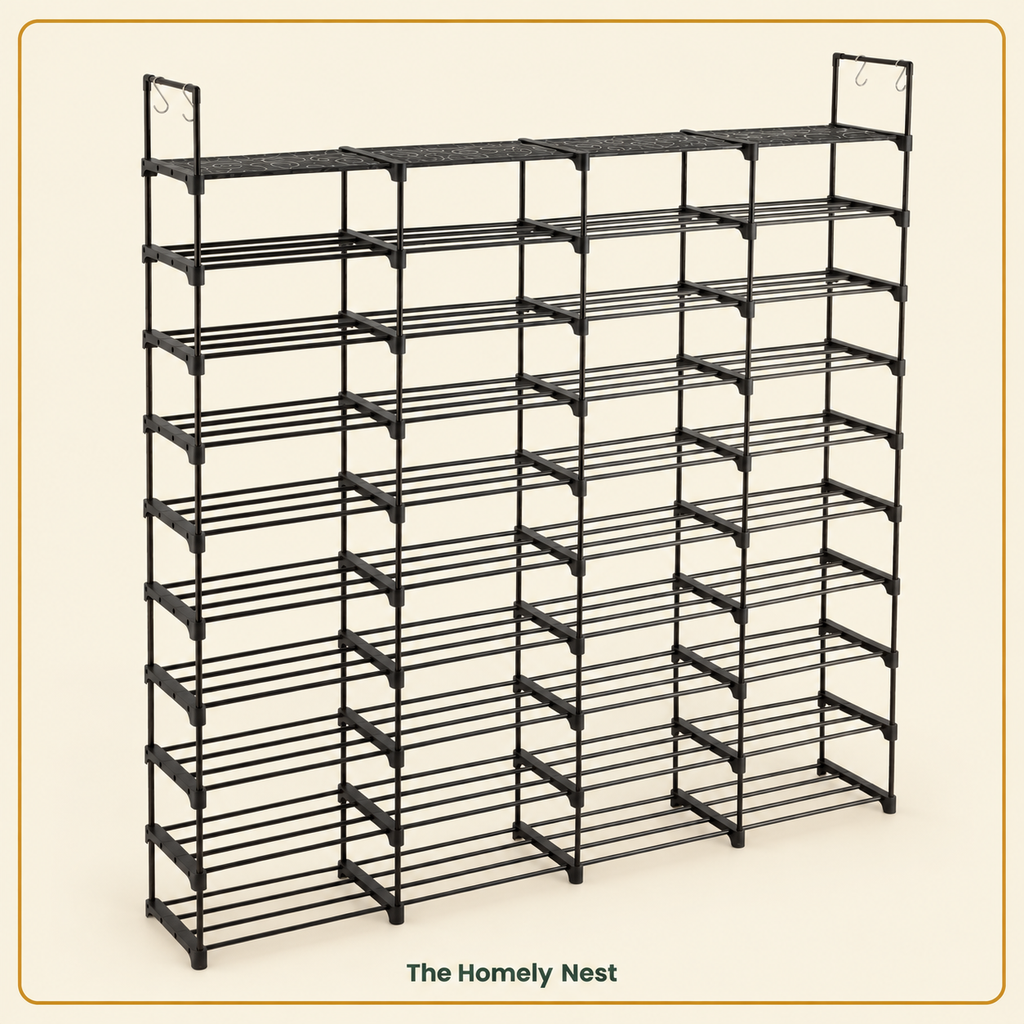 10-tier, 4-column black metal shoe rack, front view