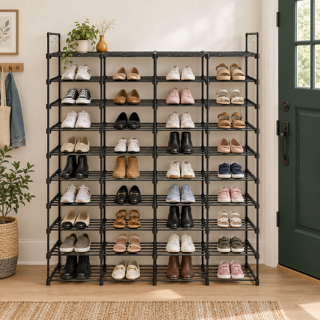 10-tier black shoe rack filled with shoes in a bright entryway