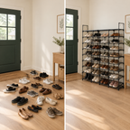 Entryway before and after organizing shoes on the rack