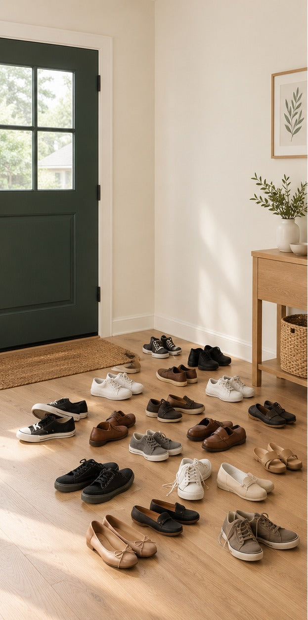 Entryway with shoes scattered on the floor