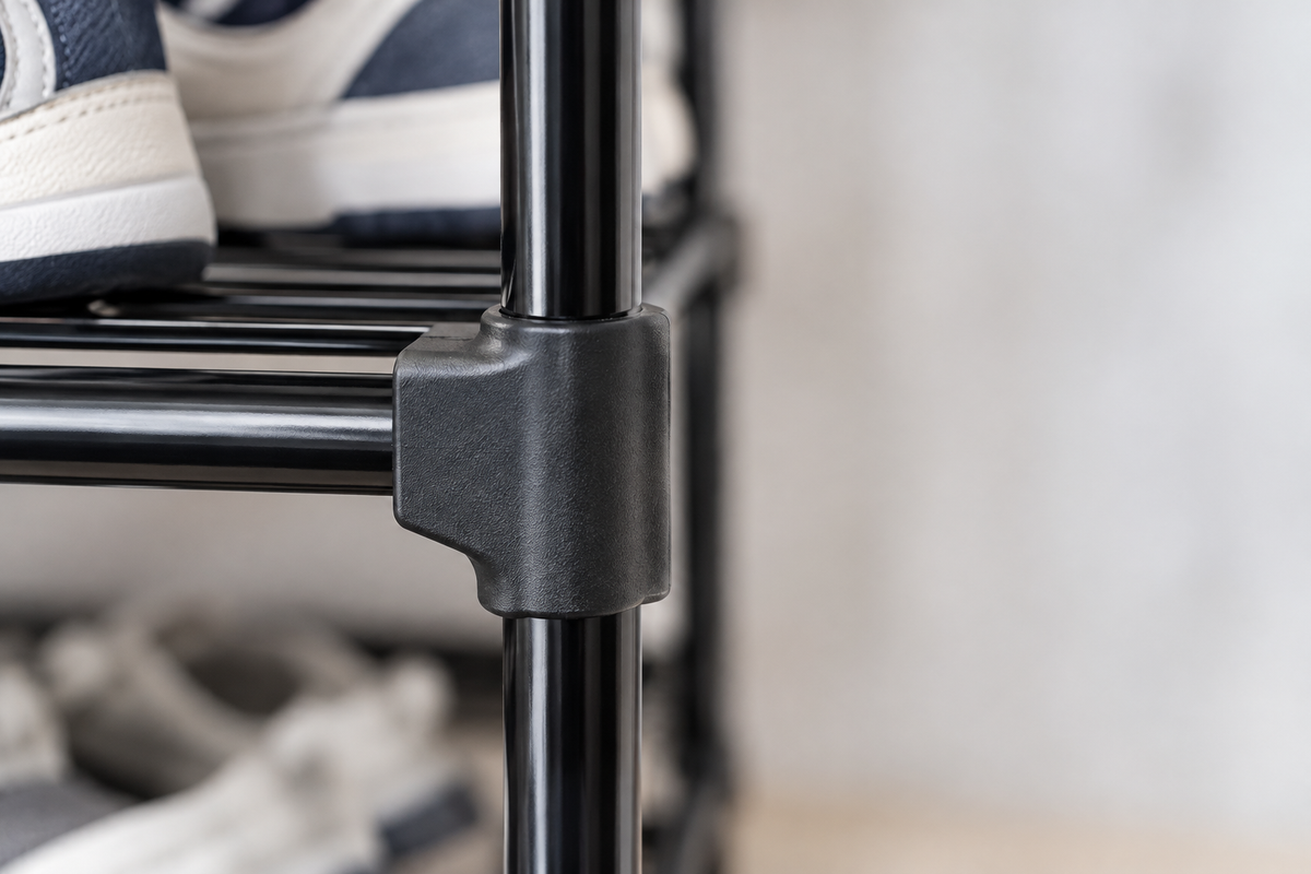Close-up of a shoe rack plastic corner connector