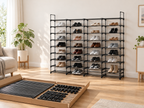 Shoe rack parts laid out for DIY assembly next to the finished rack