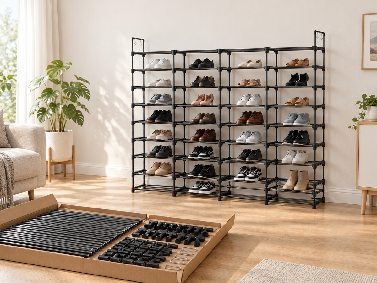 Shoe rack parts laid out for DIY assembly next to the finished rack
