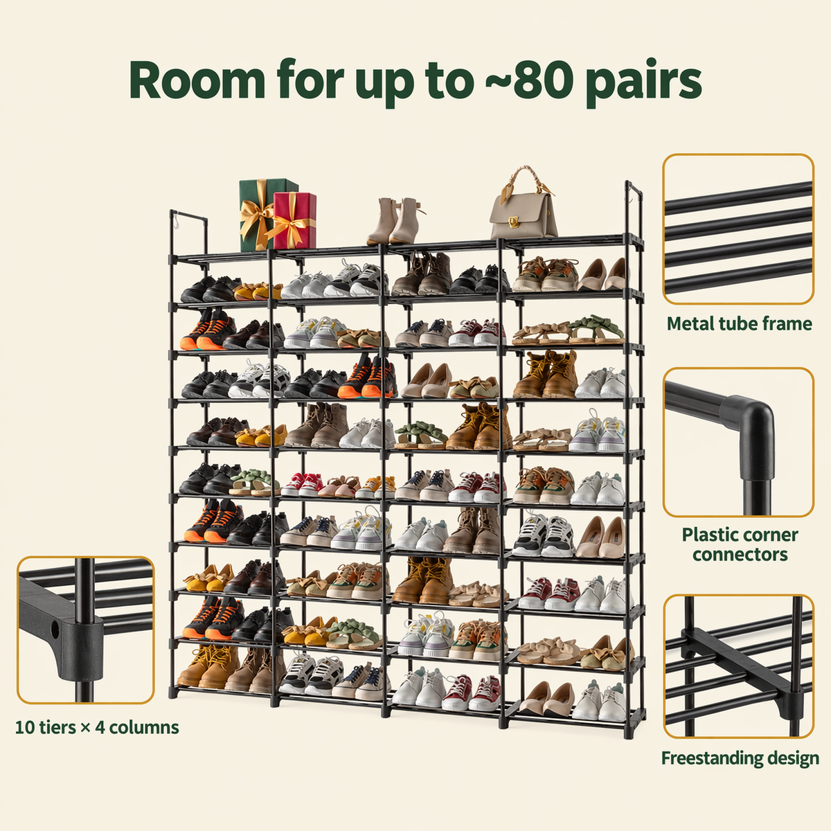 Shoe rack with room for up to about 80 pairs, metal tube frame and plastic corner connectors